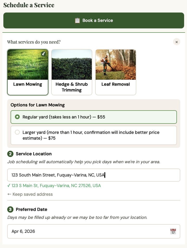 Customer booking flow on mobile — service selection with photos and pricing options
