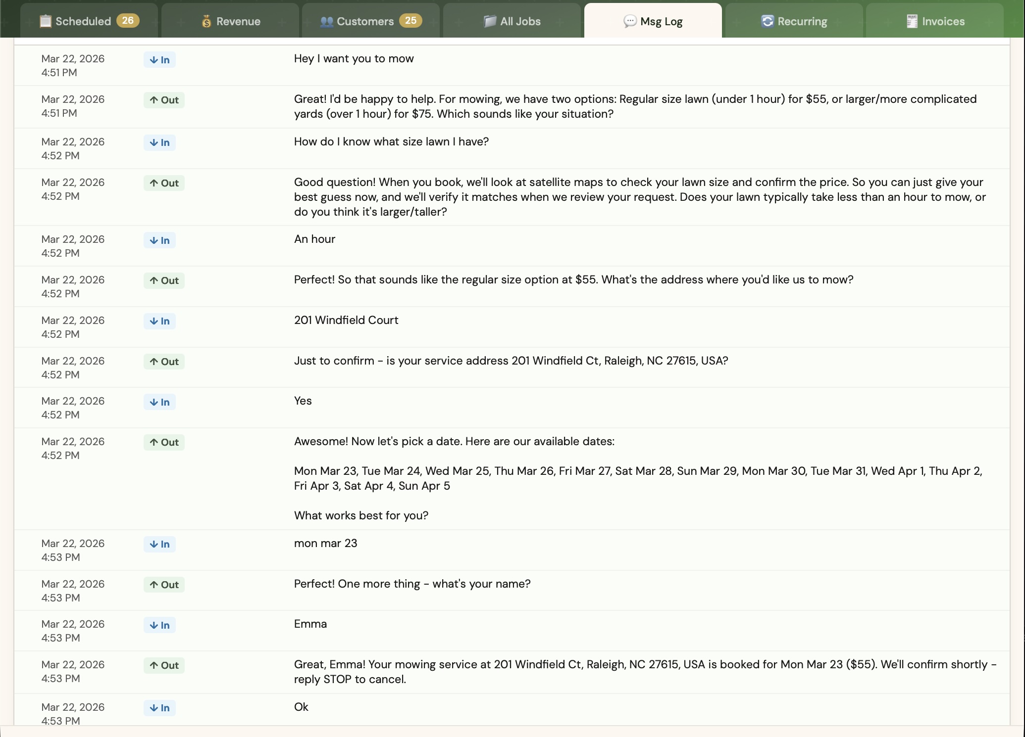 AI SMS conversation — customer texts to book a lawn mowing job, AI handles the entire exchange
