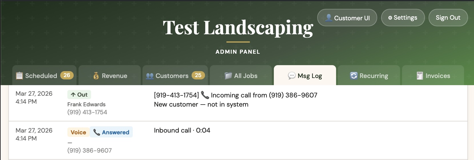 Call log showing inbound voice call — context SMS fired to worker, call answered and logged