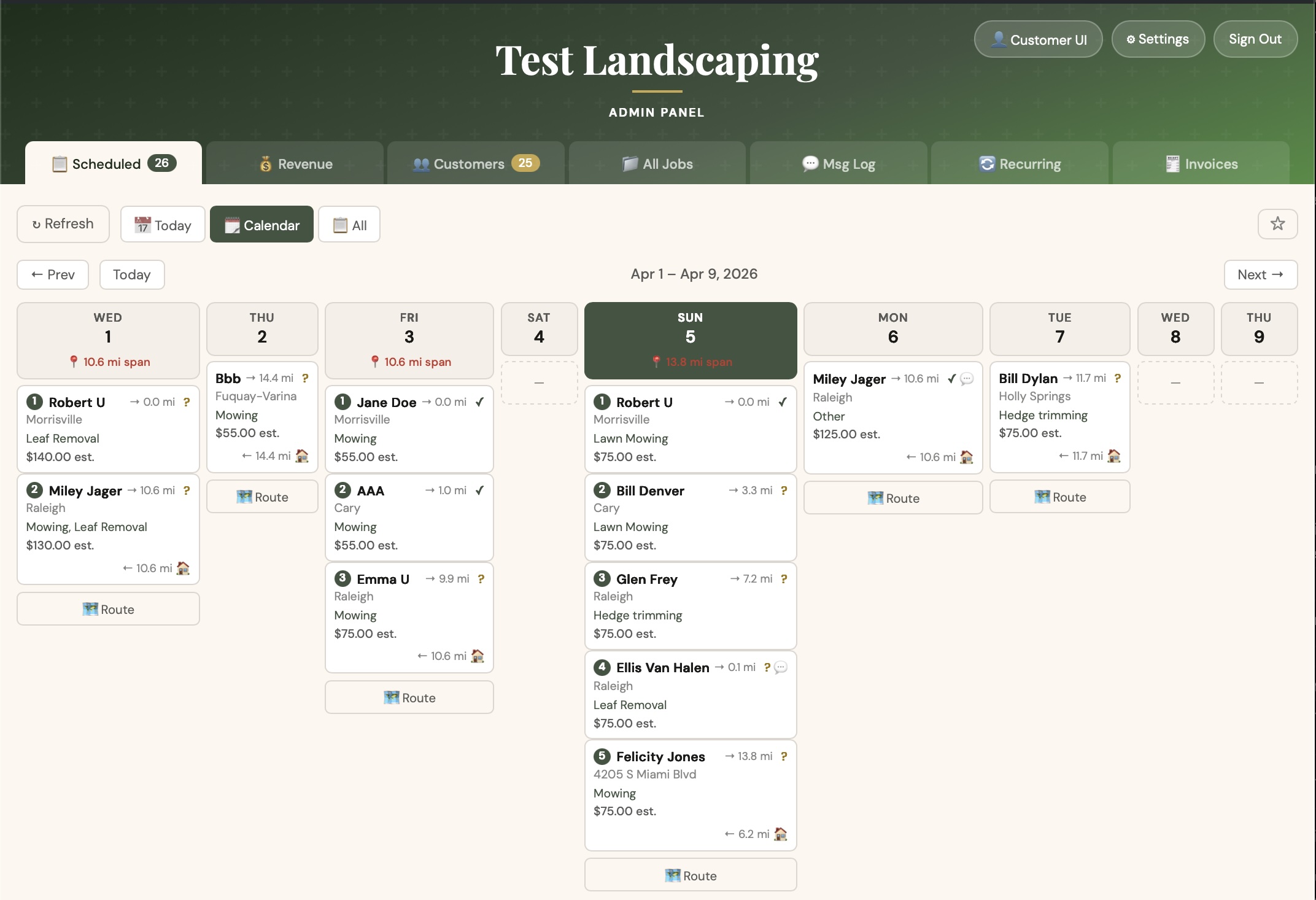 Admin calendar view — week of scheduled jobs with route buttons and mileage spans per day