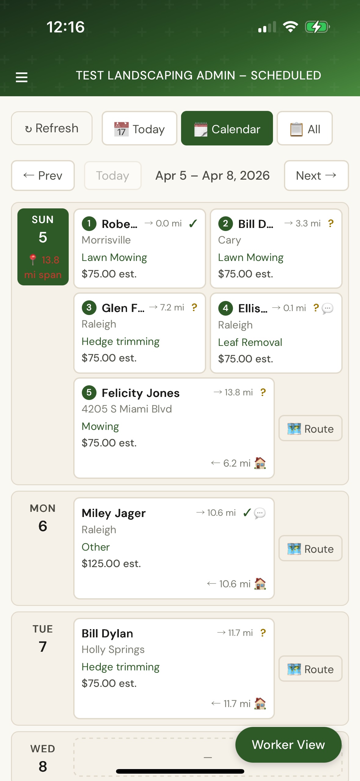 Admin calendar on mobile — today's jobs with numbered route order and one-tap Google Maps routing