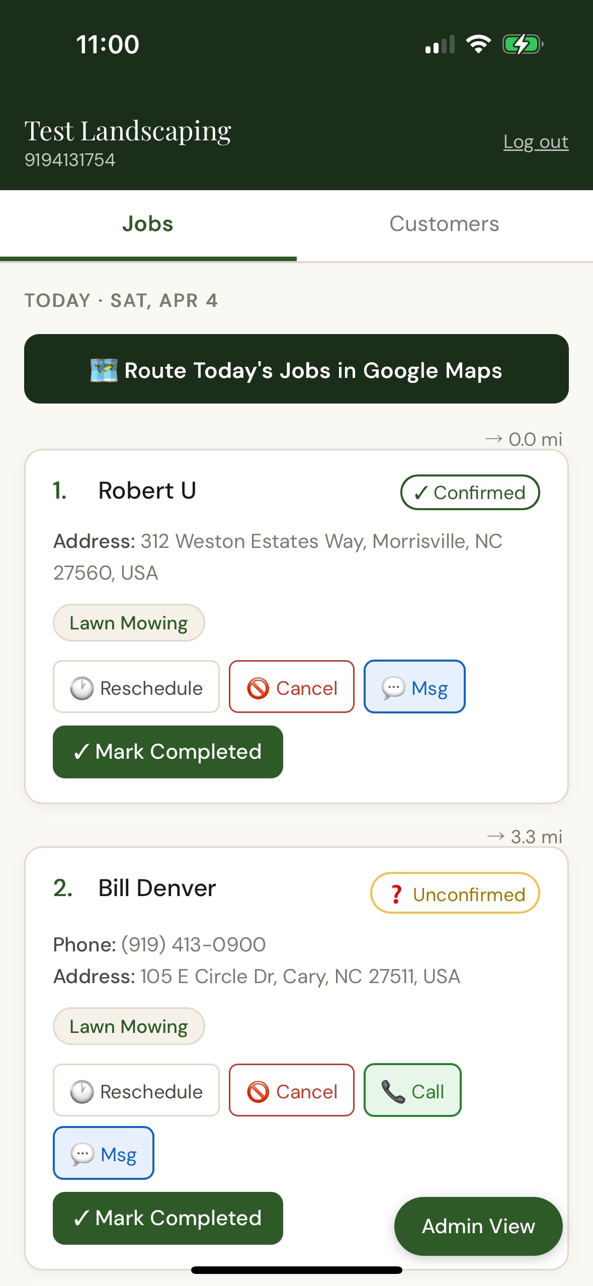Worker today view showing route button and distance markers between jobs