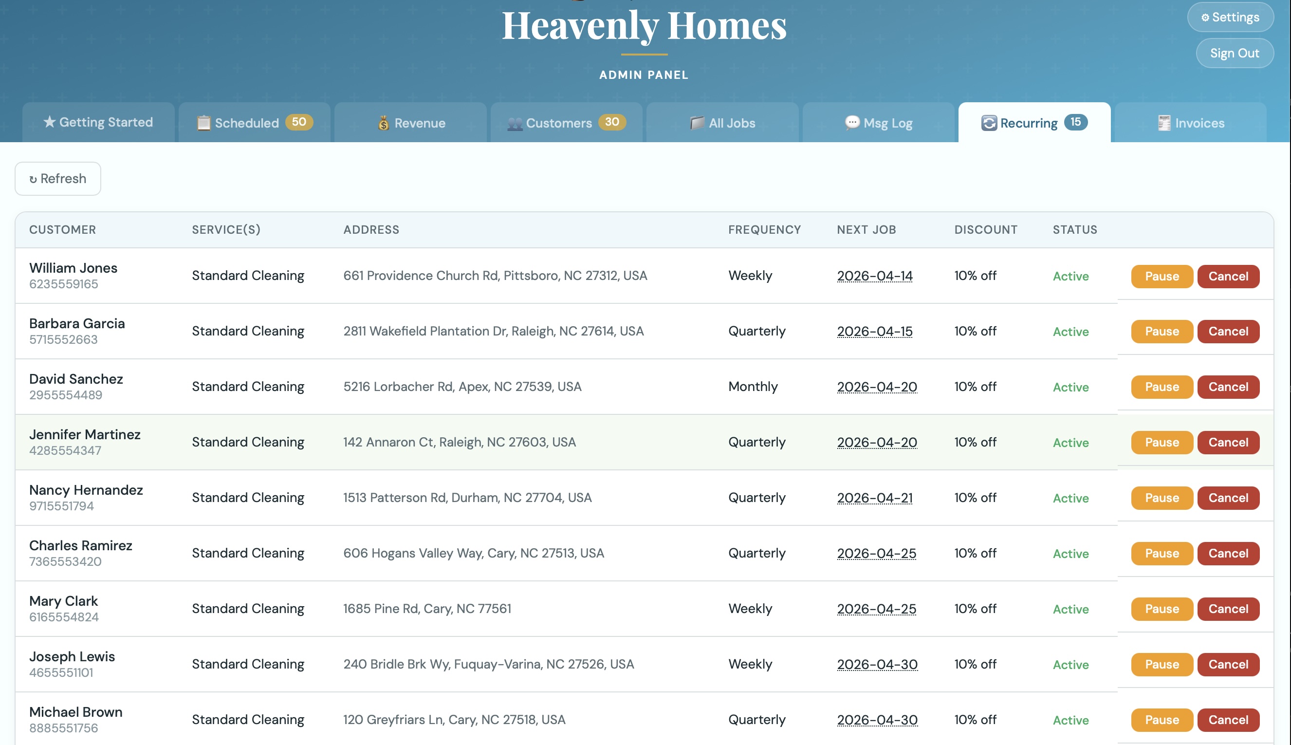 Recurring schedules tab — active schedules with frequency, customer name, and next job date