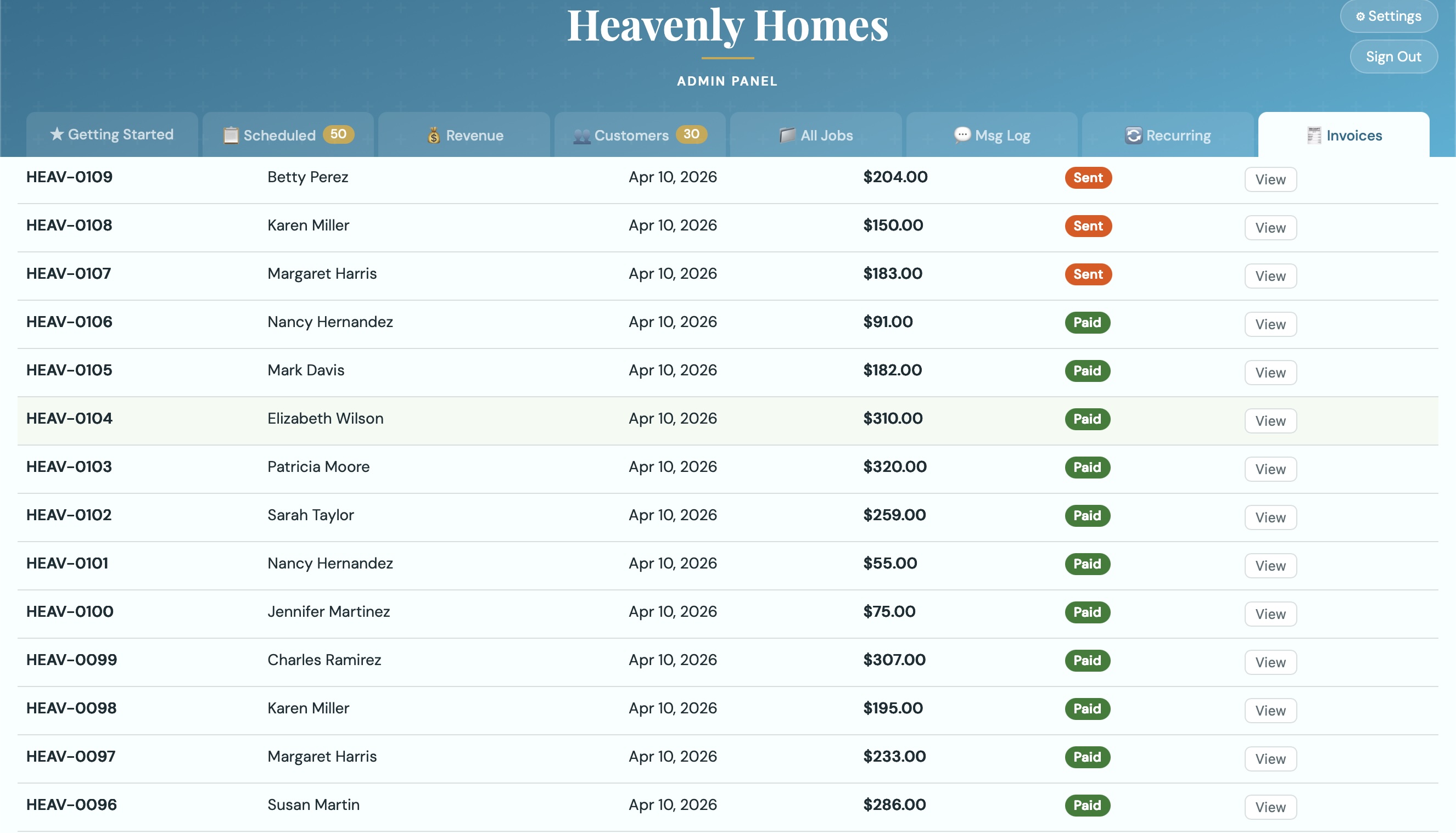 Admin invoices tab — Collected and Outstanding summary cards with invoice list and status badges