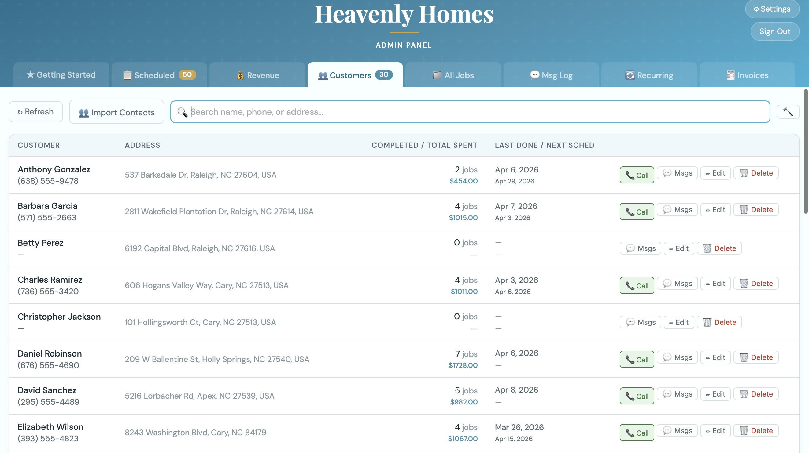 Customers tab — searchable customer list with total spent, last service date, and job history panel