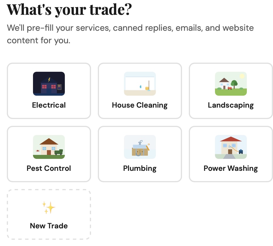 SchedAdmin industry template picker — card grid showing available trade templates with photos
